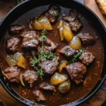 Carbonades flamandes en cocotte en fonte : bœuf mijoté à la bière brune, oignons confits et thym, servie avec frites et moutarde, vue de dessus.