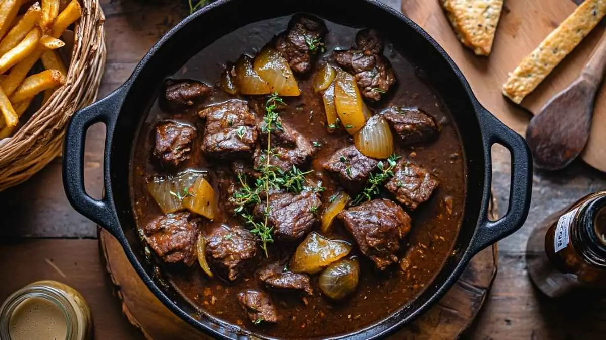 Carbonades flamandes en cocotte en fonte : bœuf mijoté à la bière brune, oignons confits et thym, servie avec frites et moutarde, vue de dessus.