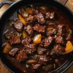 Carbonade flamande en cocotte : bœuf mijoté à la bière brune, sauce sombre brillante avec oignons et thym, servie avec des frites sur table rustique.