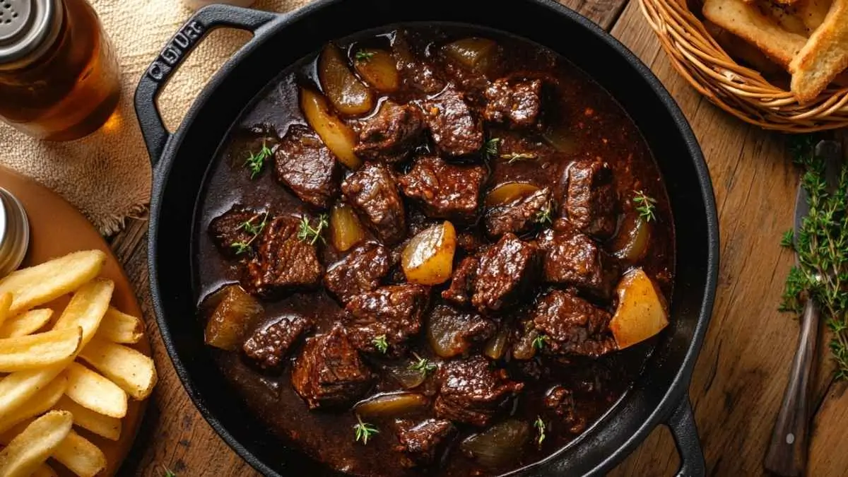 Carbonade flamande en cocotte : bœuf mijoté à la bière brune, sauce sombre brillante avec oignons et thym, servie avec des frites sur table rustique.