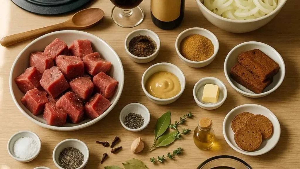 Ingrédients pour carbonade flamande en vue de dessus : cubes de bœuf, oignons, bière brune, pain d’épices, moutarde, vergeoise, laurier, thym, épices.