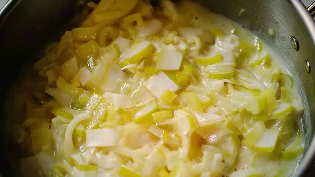 Fondue de poireaux en cuisson dans une casserole, avec des poireaux émincés fondants dans une sauce crémeuse.
