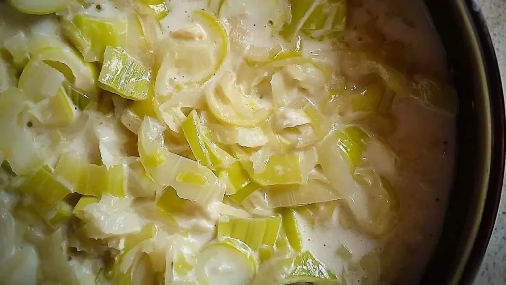Fondue de poireaux en cuisson dans une casserole, avec des poireaux émincés fondants dans une sauce crémeuse.