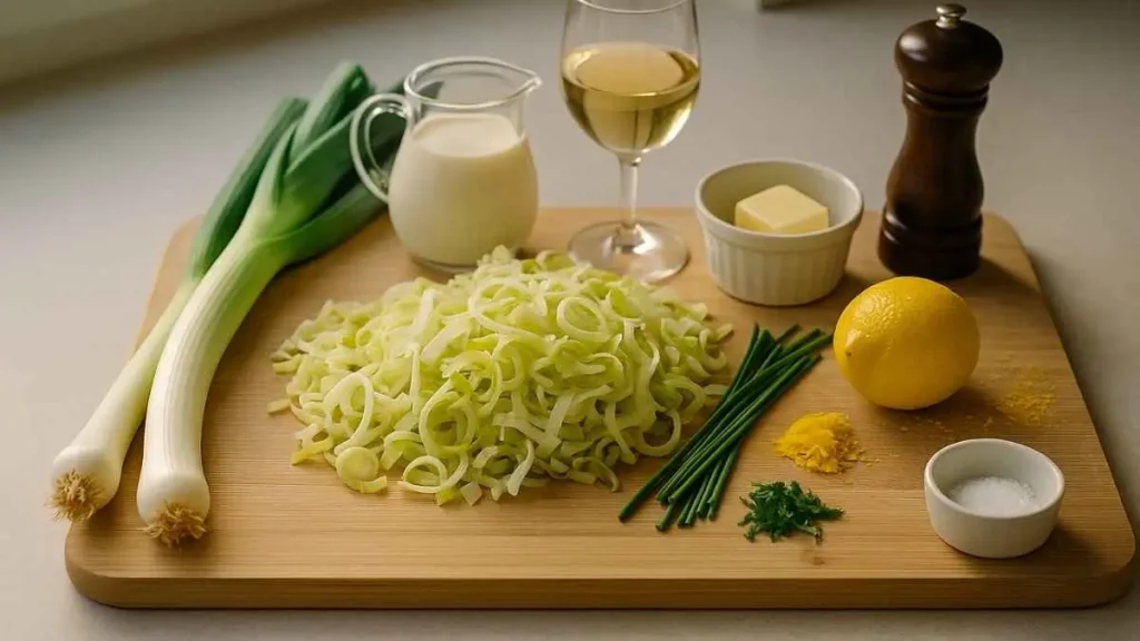 Ingrédients de la fondue de poireaux : poireaux frais émincés, beurre, crème, vin blanc, citron, ciboulette, sel et poivre, disposés sur une planche en bois.