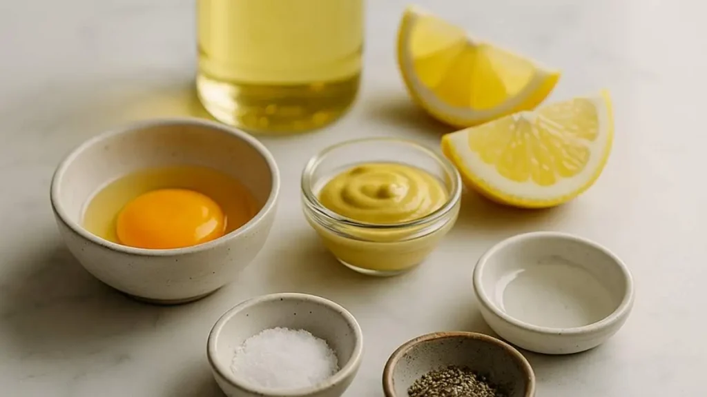 Ingredients for homemade mayonnaise arranged on a marble surface: egg yolk in a bowl, Dijon mustard, lemon wedges, vinegar, salt, pepper, and sunflower oil bottle in the background.