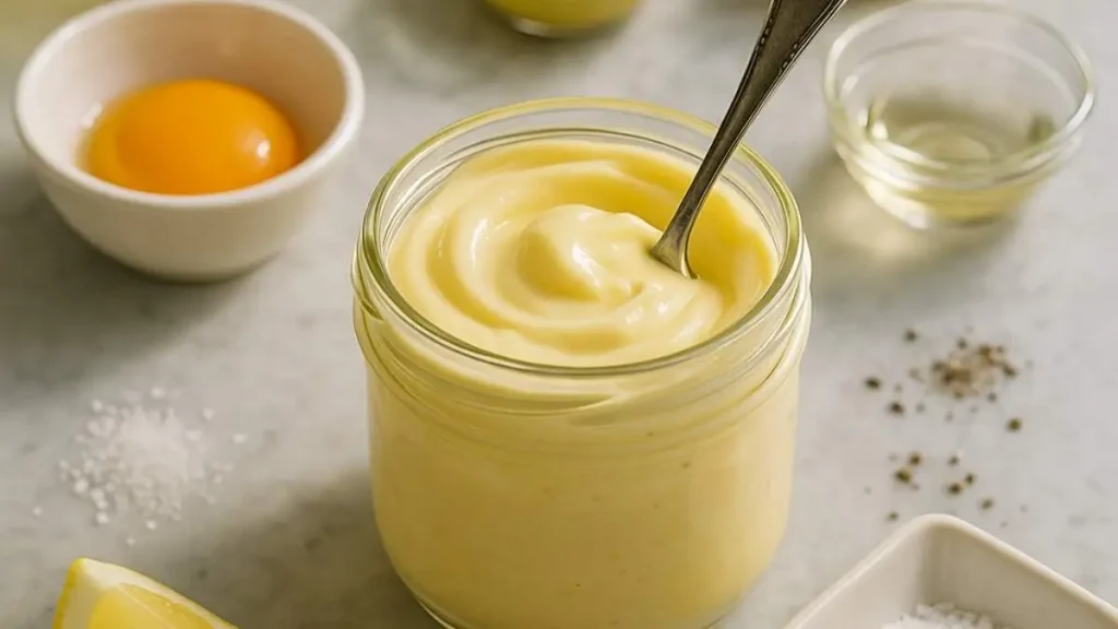 Homemade mayonnaise in a glass jar with a spoon, surrounded by egg yolk, lemon, mustard, vinegar, salt, and pepper on a marble surface.