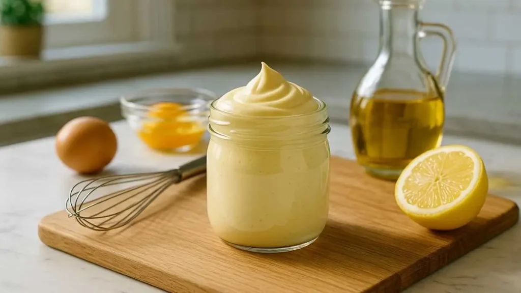 Bocal de mayonnaise maison sur une planche en bois, avec un fouet, des jaunes d’œufs frais, un demi-citron et de l’huile d’olive en arrière-plan dans une cuisine lumineuse.