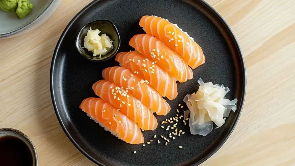 Nigiri au saumon sur assiette noire, parsemés de sésame, avec gari et sauce soja, vue de dessus.