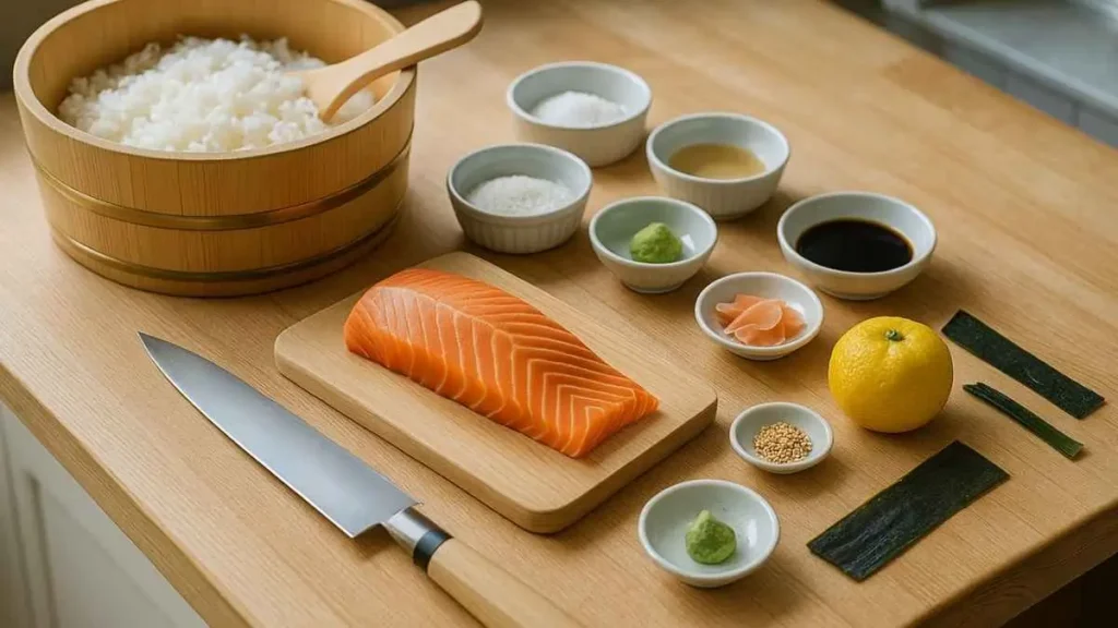 Ingrédients pour nigiri au saumon : filet de saumon, riz à sushi dans un hangiri, wasabi, shoyu, vinaigre, sucre, sel, gari, sésame, yuzu, nori et couteau sur plan de travail en bois.