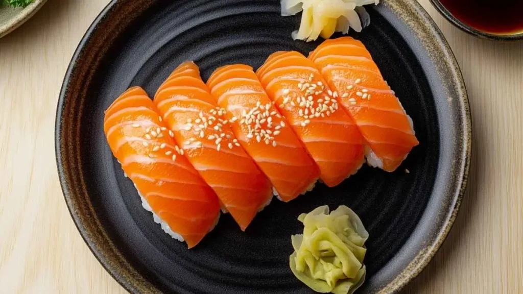 Nigiri au saumon alignés sur une assiette noire, parsemés de sésame, avec gari et un peu de wasabi, vue de dessus.