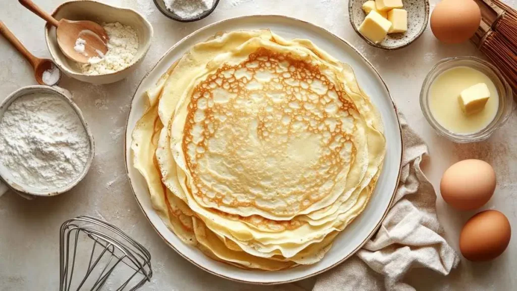 Pile de crêpes dorées sur assiette, entourée de farine, œufs, beurre fondu et fouet, vue de dessus sur fond clair.