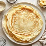 Pile de crêpes dorées sur assiette, entourée de farine, œufs, beurre fondu et fouet, vue de dessus sur fond clair.