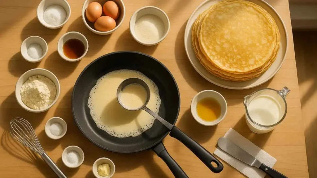 Poêle avec pâte à crêpe versée à la louche, pile de crêpes dorées et ingrédients (œufs, lait, beurre, sucre) sur plan de travail en bois, vue de dessus.
