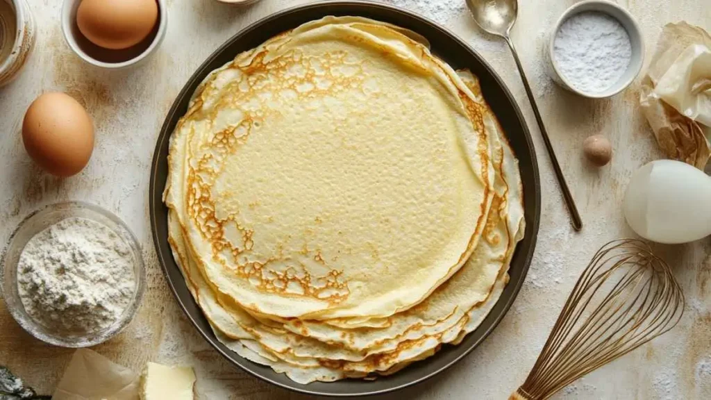 Crêpes fines dorées empilées dans une poêle, entourées d’œufs, farine, beurre et sucre glace, avec un fouet — vue de dessus.