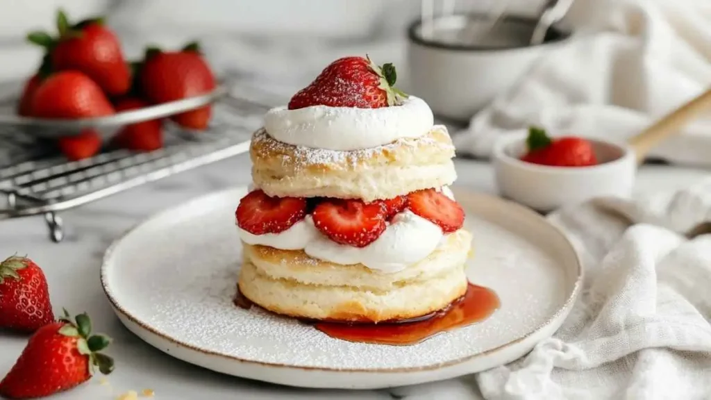 Shortcake aux fraises en étages, garni de chantilly vanillée et de fraises tranchées, saupoudré de sucre glace avec un filet de sirop sur l’assiette.