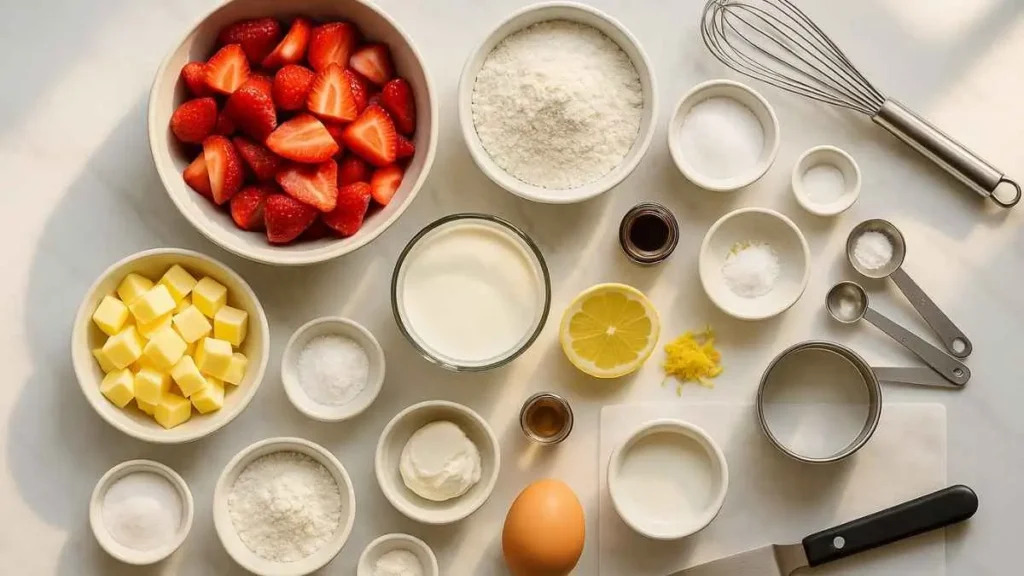 Ingrédients pour shortcake aux fraises vus du dessus : fraises tranchées, farine T45, sucre/érythritol, cubes de beurre froid, crème, citron, vanille, œuf, levure, avec fouet, cuillères doseuses et emporte-pièce sur plan de travail en marbre, lumière ensoleillée.