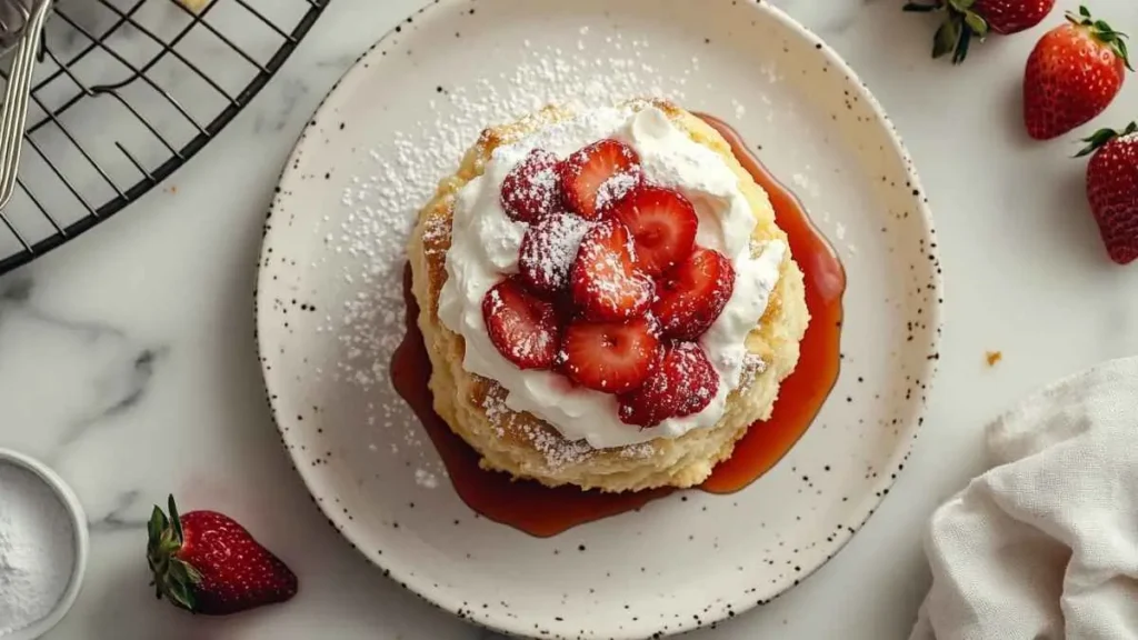 Shortcake aux fraises vu du dessus : biscuit doré nappé de sirop, chantilly vanillée, fraises tranchées et sucre glace, sur assiette mouchetée.