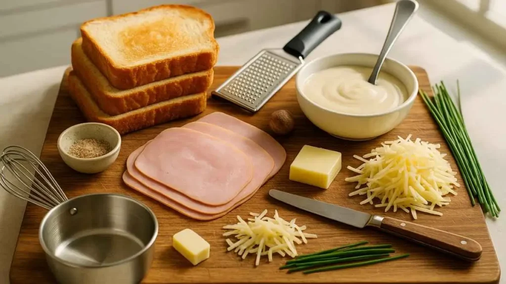 Ingrédients pour croque-monsieur : pain de mie, jambon, fromage râpé, beurre, béchamel, ciboulette et épices disposés sur une planche en bois.