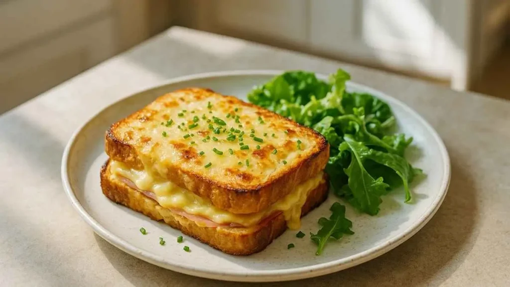 Croque-monsieur doré au four, garni de jambon et fromage fondant, servi avec une salade verte sur une assiette en céramique.