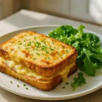 Croque-monsieur doré au four, garni de jambon et fromage fondant, servi avec une salade verte sur une assiette en céramique.