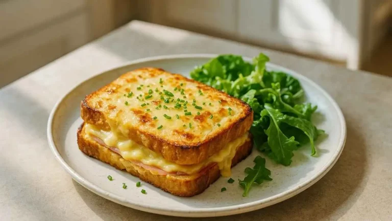 Croque-monsieur doré au four, garni de jambon et fromage fondant, servi avec une salade verte sur une assiette en céramique.