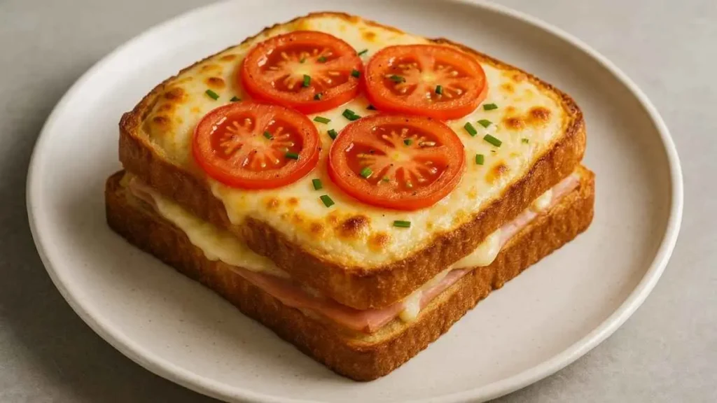 Croque-monsieur gratiné au fromage avec tranches de tomate et ciboulette, servi sur une assiette blanche.