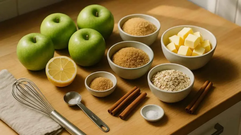 « Ingrédients du crumble aux pommes disposés sur un plan de travail en bois : pommes vertes, beurre en dés, sucre roux, flocons d’avoine, citron, cannelle et ustensiles de cuisine. »