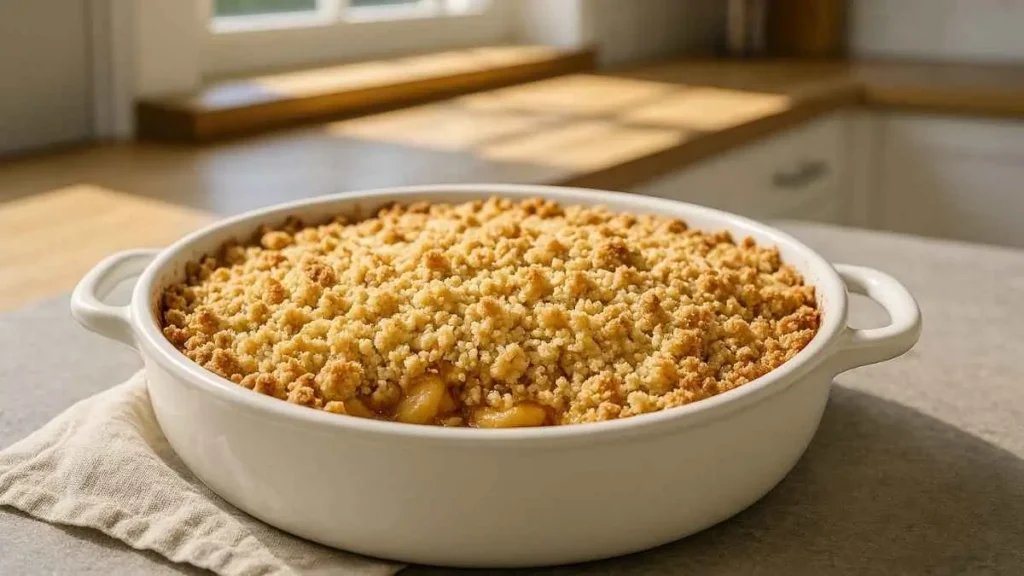 « Crumble aux pommes doré et croustillant sorti du four, dans un plat rond blanc, posé sur un linge en cuisine moderne ensoleillée. »