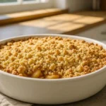 « Crumble aux pommes doré et croustillant sorti du four, dans un plat rond blanc, posé sur un linge en cuisine moderne ensoleillée. »