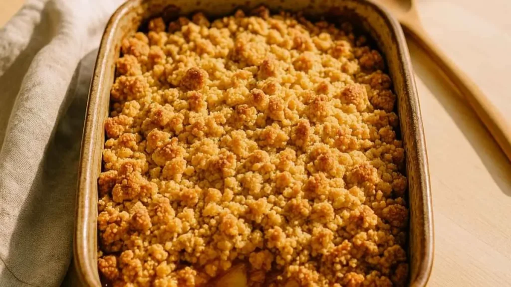 « Gros plan sur un crumble aux pommes doré et croustillant, dans un plat rectangulaire sorti du four, avec une cuillère en bois en arrière-plan. »