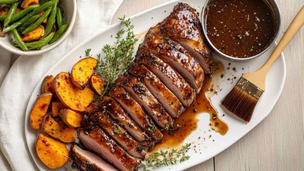 Filet de porc glacé à l’érable, tranché sur plat blanc avec sauce brillante, thym frais, patates douces rôties, bol de sauce et pinceau, haricots verts, vue de dessus.