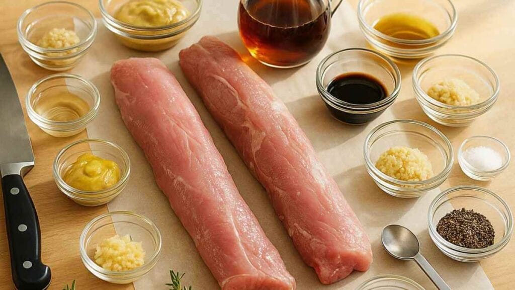 Ingrédients pour filets de porc glacés à l’érable : deux filets de porc crus, sirop d’érable ambré, moutarde de Dijon, sauce soja/tamari, ail, vinaigre de cidre, huile, sel, poivre, vue de dessus.