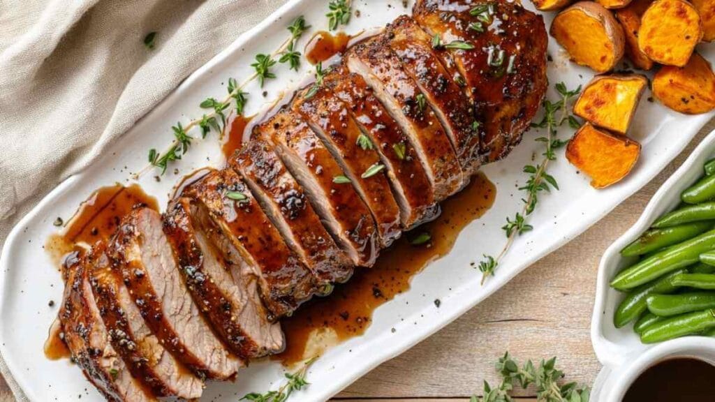 Filet de porc glacé à l’érable, tranché sur plat blanc, sauce brillante, thym frais, avec patates douces rôties et haricots verts, vue de dessus.