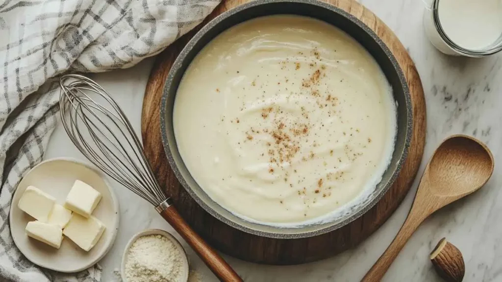Casserole de sauce béchamel maison crémeuse, saupoudrée de muscade, accompagnée de beurre, lait, fouet et cuillère en bois sur plan de travail.