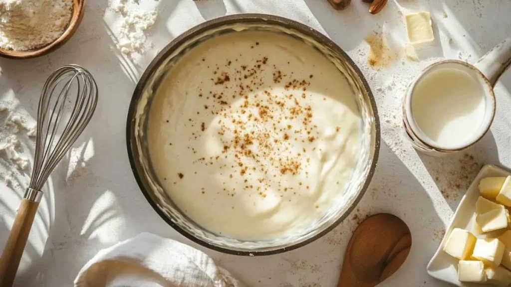 Sauce béchamel maison crémeuse dans une casserole, saupoudrée de muscade, entourée de beurre, lait, farine et fouet en cuisine ensoleillée.