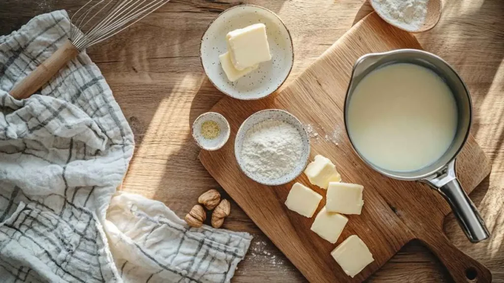 Ingrédients de la sauce béchamel disposés sur une planche en bois : beurre, farine, lait, muscade, fouet et linge de cuisine.