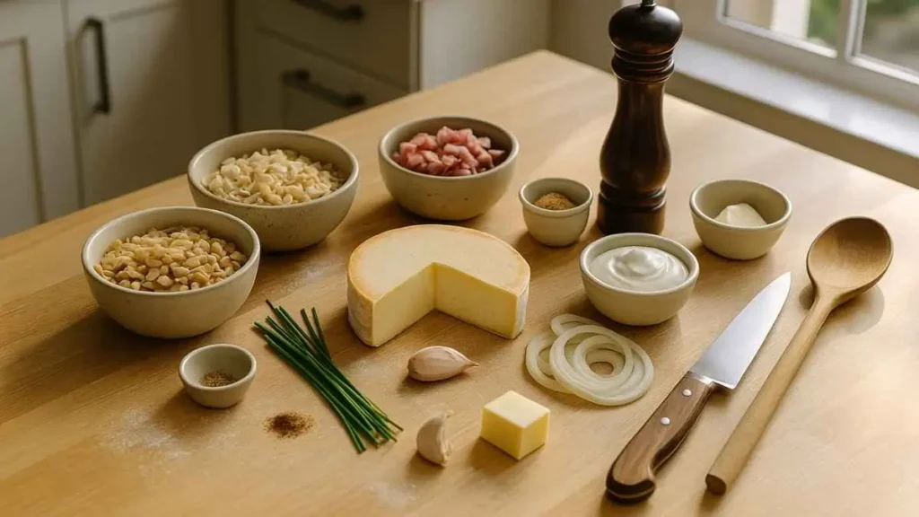 Ingrédients de la croziflette disposés sur un plan de travail en bois : crozets, reblochon, lardons, oignons, crème fraîche, beurre, ail et ciboulette dans une cuisine moderne ensoleillée.