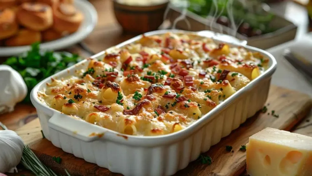 Gratin de croziflette savoyarde doré au four, garni de lardons et de fromage reblochon fondant, dans un plat en céramique blanc sur une table rustique en bois.