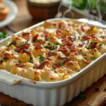 Gratin de croziflette savoyarde doré au four, garni de lardons et de fromage reblochon fondant, dans un plat en céramique blanc sur une table rustique en bois.