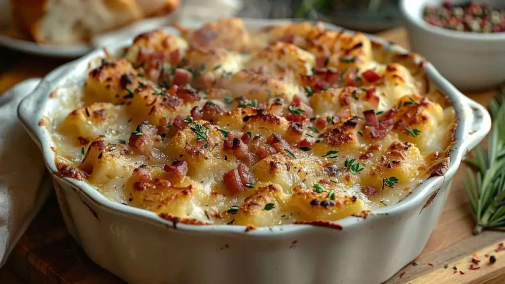 Gratin de croziflette savoyarde doré au four, garni de lardons fumés et de fromage fondant, servi dans un plat rond en céramique blanche sur une table en bois rustique.