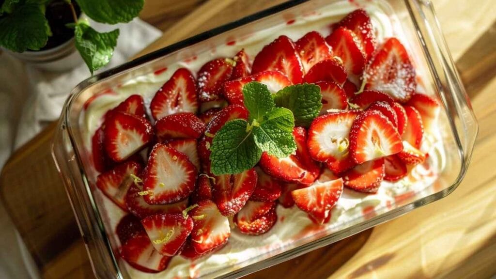 Vue de dessus d’un tiramisu aux fraises dans un plat en verre, décoré de tranches de fraises fraîches, de zestes de citron et de feuilles de menthe, éclairé par une lumière naturelle.