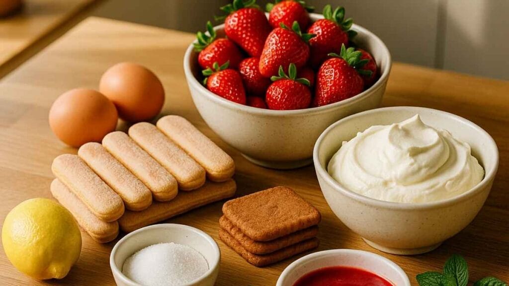 Vue de dessus d’ingrédients frais pour un tiramisu aux fraises : fraises, mascarpone, boudoirs, spéculoos, œufs, citron, sucre et coulis de fraise, disposés sur une table en bois dans une cuisine ensoleillée.