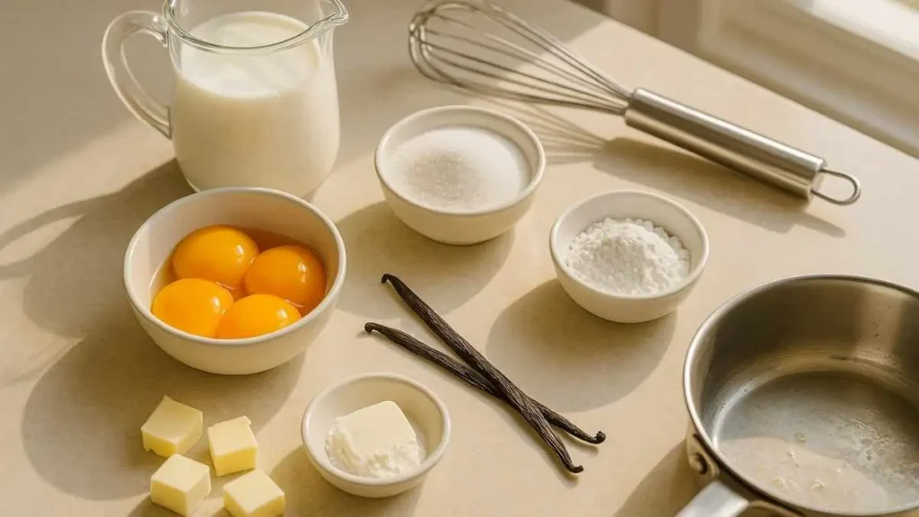 Ingrédients de la crème pâtissière disposés sur un plan de travail : lait, jaunes d’œufs, sucre, maïzena, beurre, gousses de vanille, fouet et casserole dans une cuisine ensoleillée.