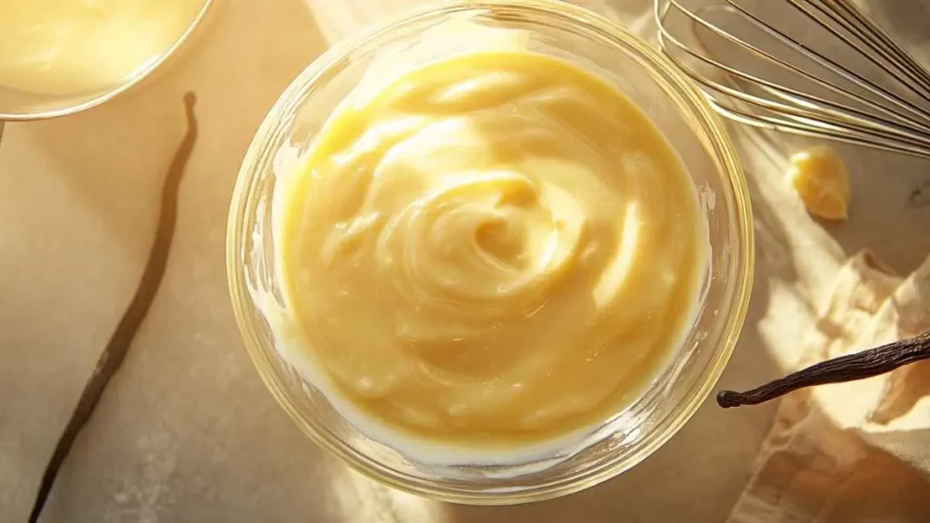 Bol de crème pâtissière lisse et brillante vu de dessus, avec une gousse de vanille et un fouet en arrière-plan dans une cuisine ensoleillée.