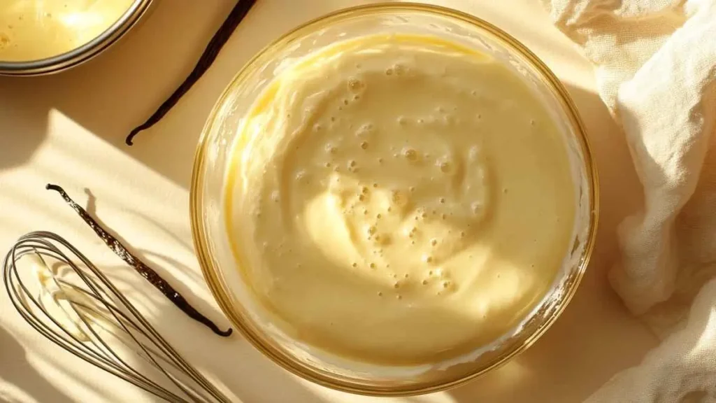 Bol de crème pâtissière crémeuse et légèrement mousseuse vu de haut, entouré d’une gousse de vanille et d’un fouet, dans une lumière dorée de cuisine ensoleillée.