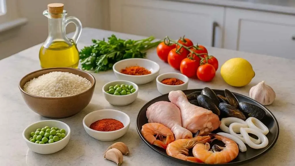 Vue de dessus d’ingrédients frais pour une paella : riz rond, poulet, crevettes, moules, calamars, petits pois, épices, ail, huile d’olive, citron, tomates et persil disposés sur un plan de travail lumineux dans une cuisine moderne.