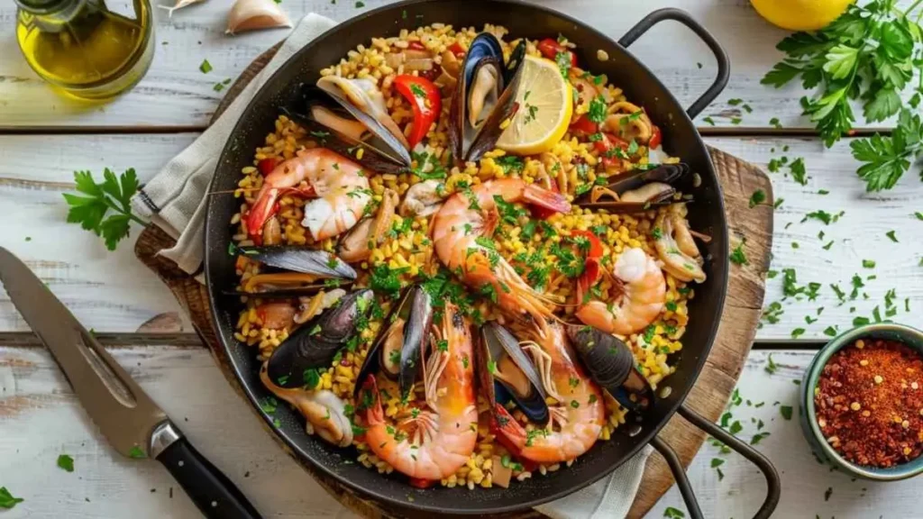Vue de dessus d’une paella aux fruits de mer dorée et colorée, garnie de crevettes, moules, calamars, citron et persil frais, servie dans une poêle noire sur une table en bois rustique.