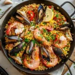 Vue de dessus d’une paella aux fruits de mer dorée et colorée, garnie de crevettes, moules, calamars, citron et persil frais, servie dans une poêle noire sur une table en bois rustique.