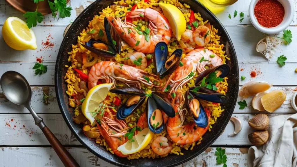 Vue de dessus d’une paella aux fruits de mer colorée, garnie de gambas, moules, citron et persil frais, servie dans une poêle noire sur une table en bois claire avec des ingrédients autour.
