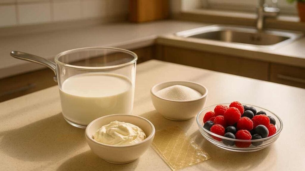 Ingrédients pour panna cotta : casserole de crème et lait, sucre en poudre, mascarpone, gélatine en feuilles et fruits rouges frais dans une cuisine moderne.